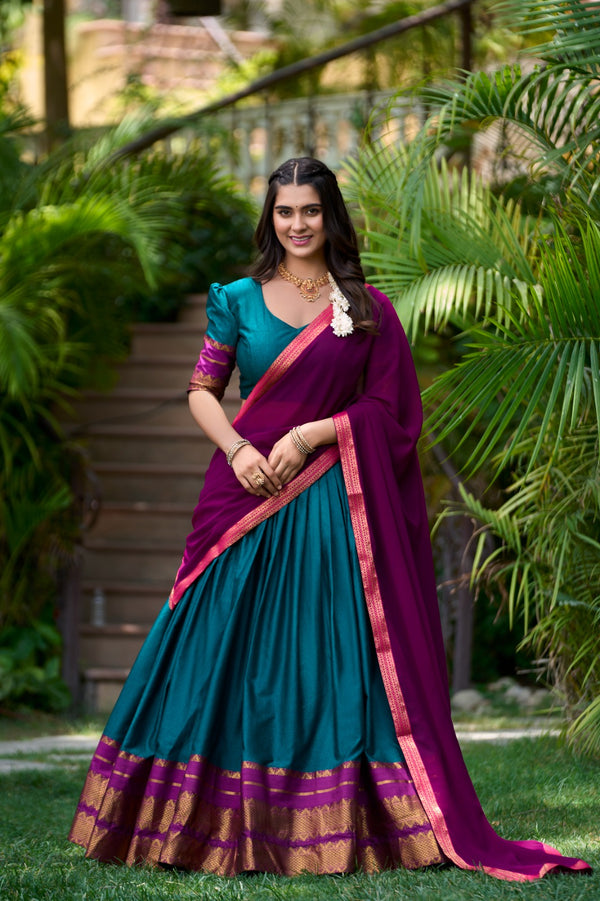 Immerse Yourself in Tradition with Our South Style Poly Cotton Half Saree, Paired with an Elegant Georgette Dupatta🍁