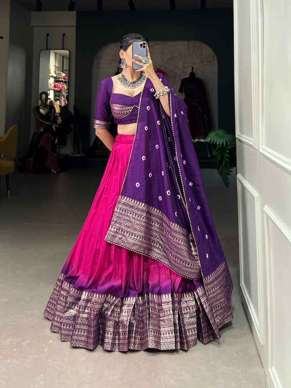 Graceful Elegance: Pure Chanderi Lehenga Adorned with Elegant Zari Weaving Work Border and Bandhej Print Dupatta - Includes a Stylish Stitch Blouse