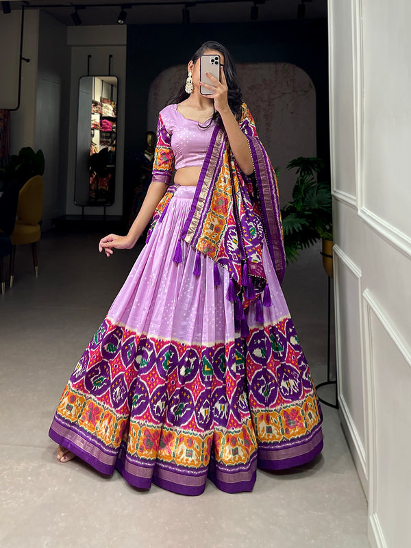 Step into the world of sheer Tussar Silk with Patola Print magic with these stunning lehenga!