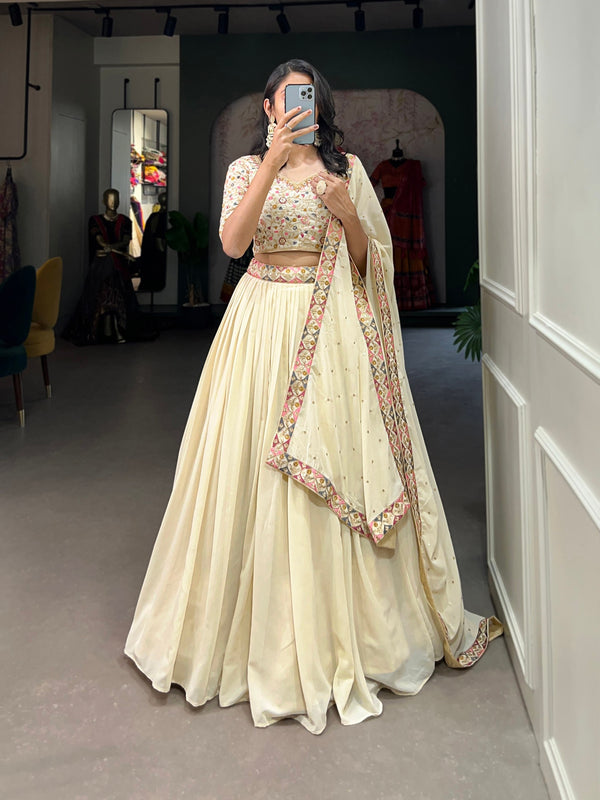 New tendy cream colored Vichitra Silk designer Lehenga Choli Wedding Reception party Wear Chaniya Choli For Women