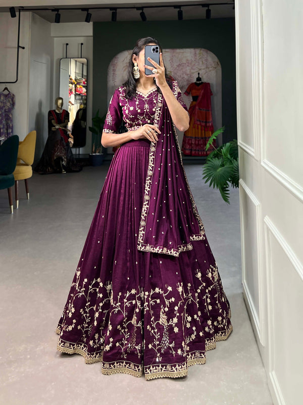 buy now new tendy wine-colored Vichitra Silk designer Lehenga Choli Wedding Reception party Wear Chaniya Choli For Women and Girls Gifts