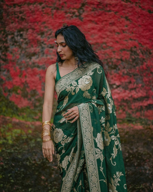 THE BANARASI SAREE IS MADE UP OF SILK THREADS WOVEN. SAREES WITH HEAVY BROCADE WORK AND GOLD ZARI WORK.