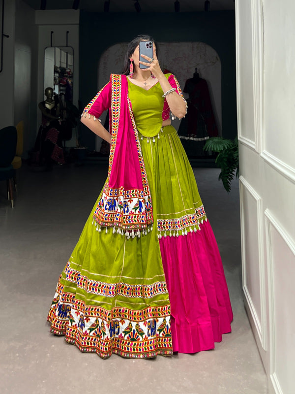 Discover the Allure of a Pink and Parrot Colour Combination Gamthi Work Lehenga, Designed to Make Your Navratri Celebrations  Special