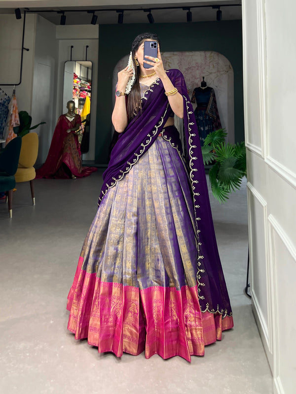 Desinger Kanjivaram Lehenga Choli Zari Weaving Work Wedding Reception party Wear Chaniya Choli For Women