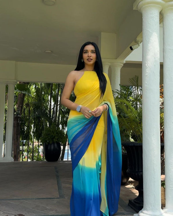 A georgette saree, characterized by its soft, delicate drape and subtle sheen, exudes understated elegance