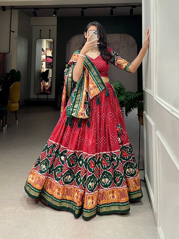 Step into the world of sheer Tussar Silk with Patola Print magic with these stunning lehenga!