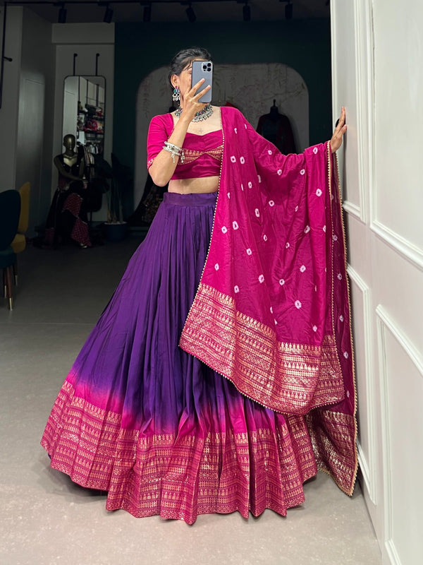 Graceful Elegance: Pure Chanderi Lehenga Adorned with Elegant Zari Weaving Work Border and Bandhej Print Dupatta - Includes a Stylish Stitch Blouse