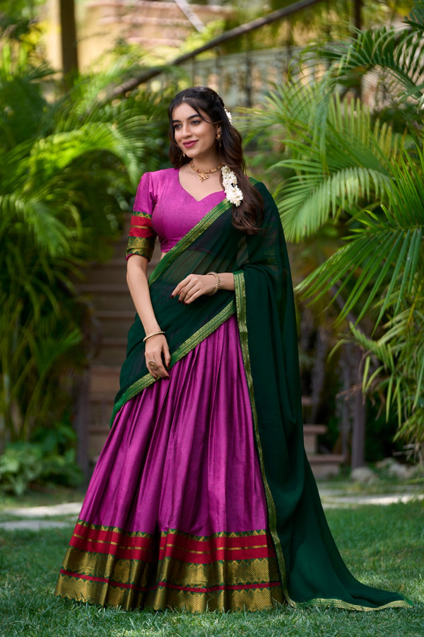 Immerse Yourself in Tradition with Our South Style Poly Cotton Half Saree, Paired with an Elegant Georgette Dupatta🍁