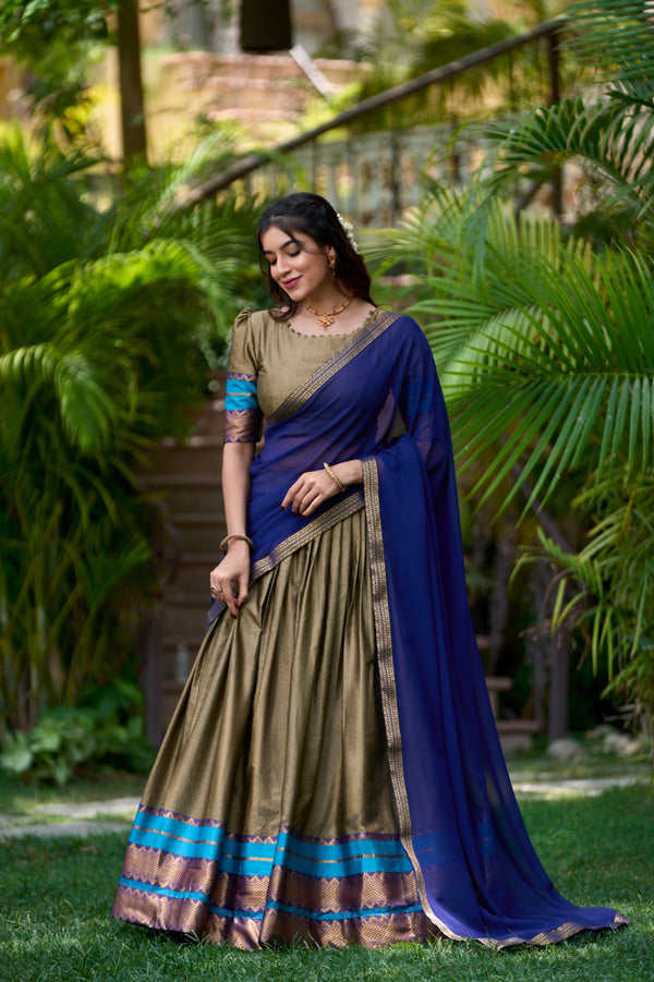 Immerse Yourself in Tradition with Our South Style Poly Cotton Half Saree, Paired with an Elegant Georgette Dupatta🍁