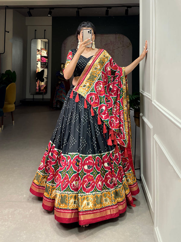 Step into the world of sheer Tussar Silk with Patola Print magic with these stunning lehenga!