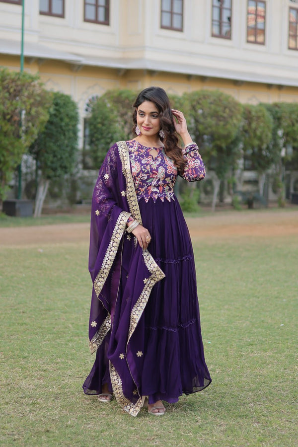 Purple Color Three Layer Frill Stitch Gown made Faux Georgette with Rich Floral Position Print work dress for women wedding festivel wear