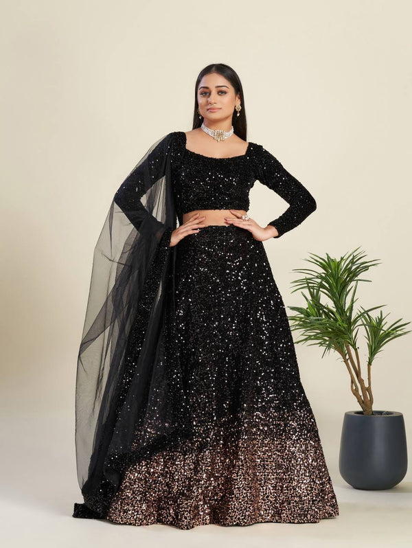 Trending Black Velvet Lehenga Choli thread & sequence work + ruffle border Chaniya Choli, Indian Celebrity Wear Lengha Choli