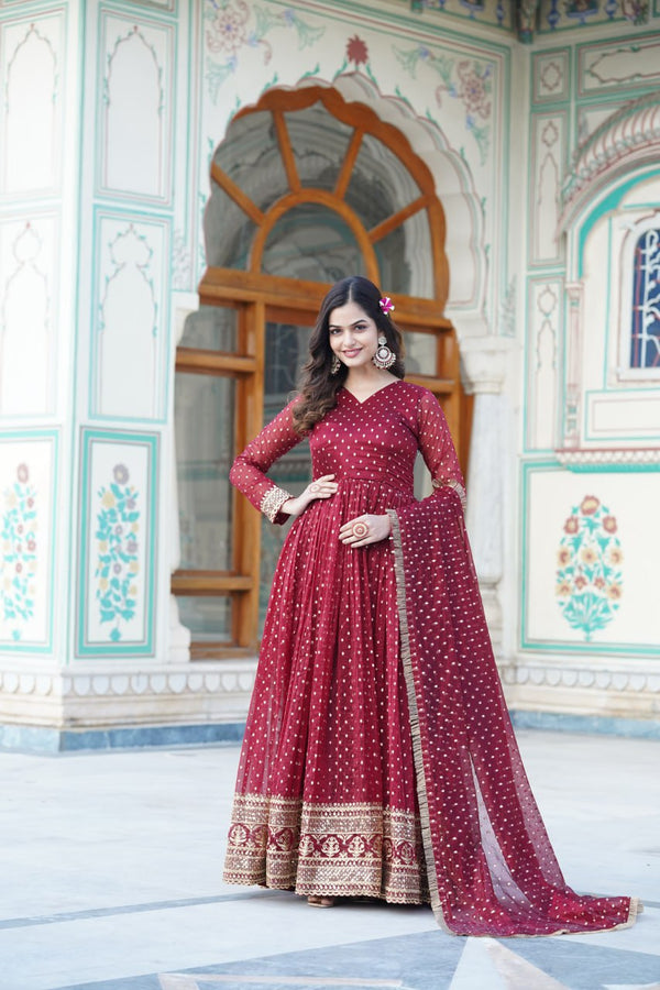 Maroon Desinger Party wear Gown made Nylon with Jacquard Butti Embroidery Zari Sequnce work dress for women wedding festivel wear