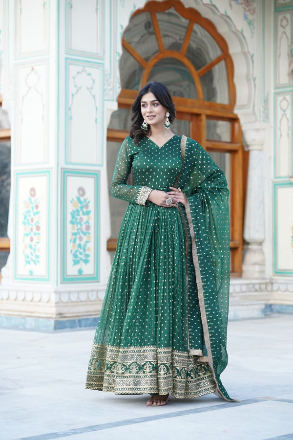 Green Color Desinger Party wear Gown made Nylon with Jacquard Butti Embroidery Zari Sequnce work dress for women wedding festivel wear